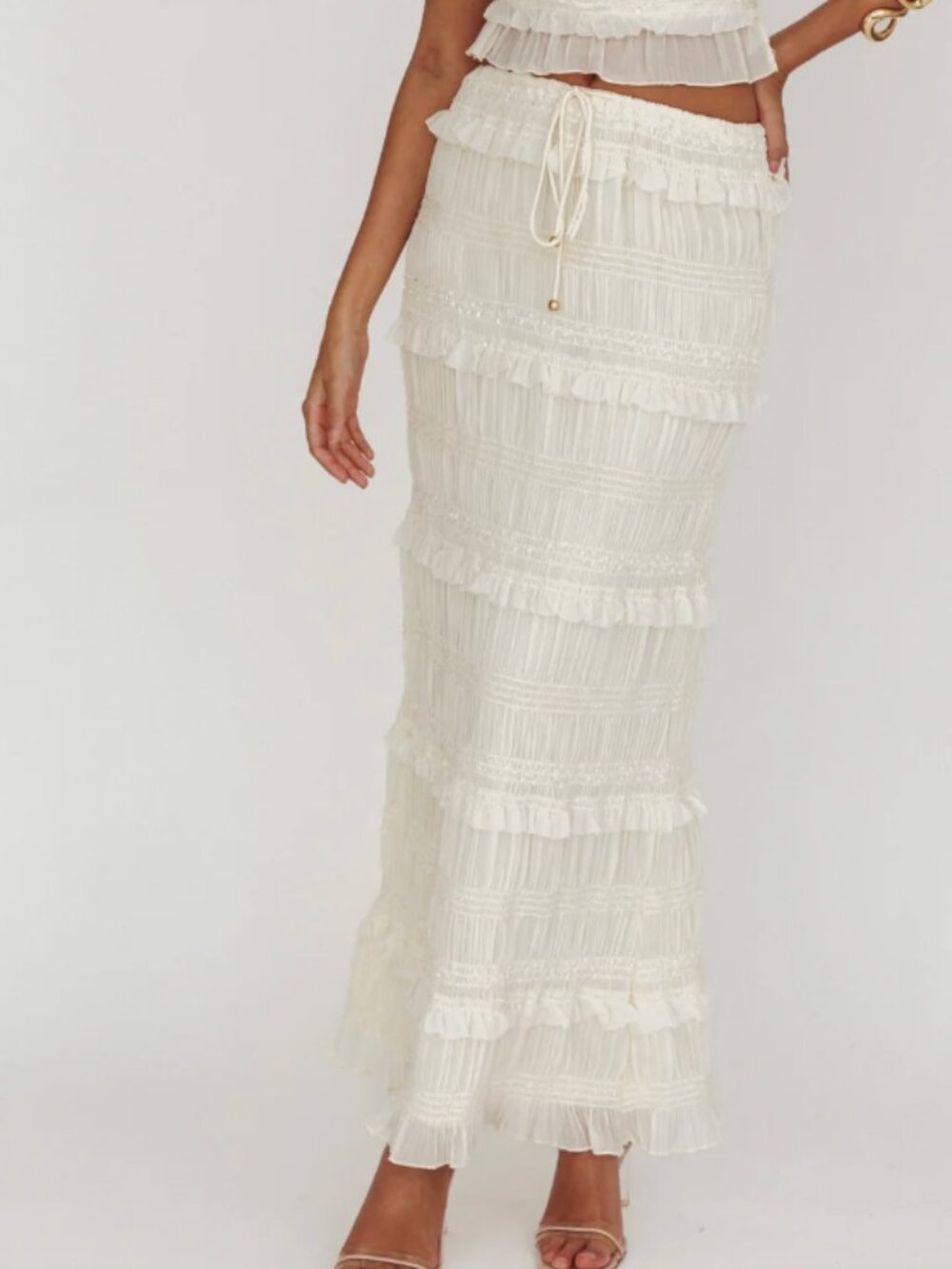 Selfie Leslie Helios Shirred Sequin Maxi Skirt Beige Romantic Boho Coastal